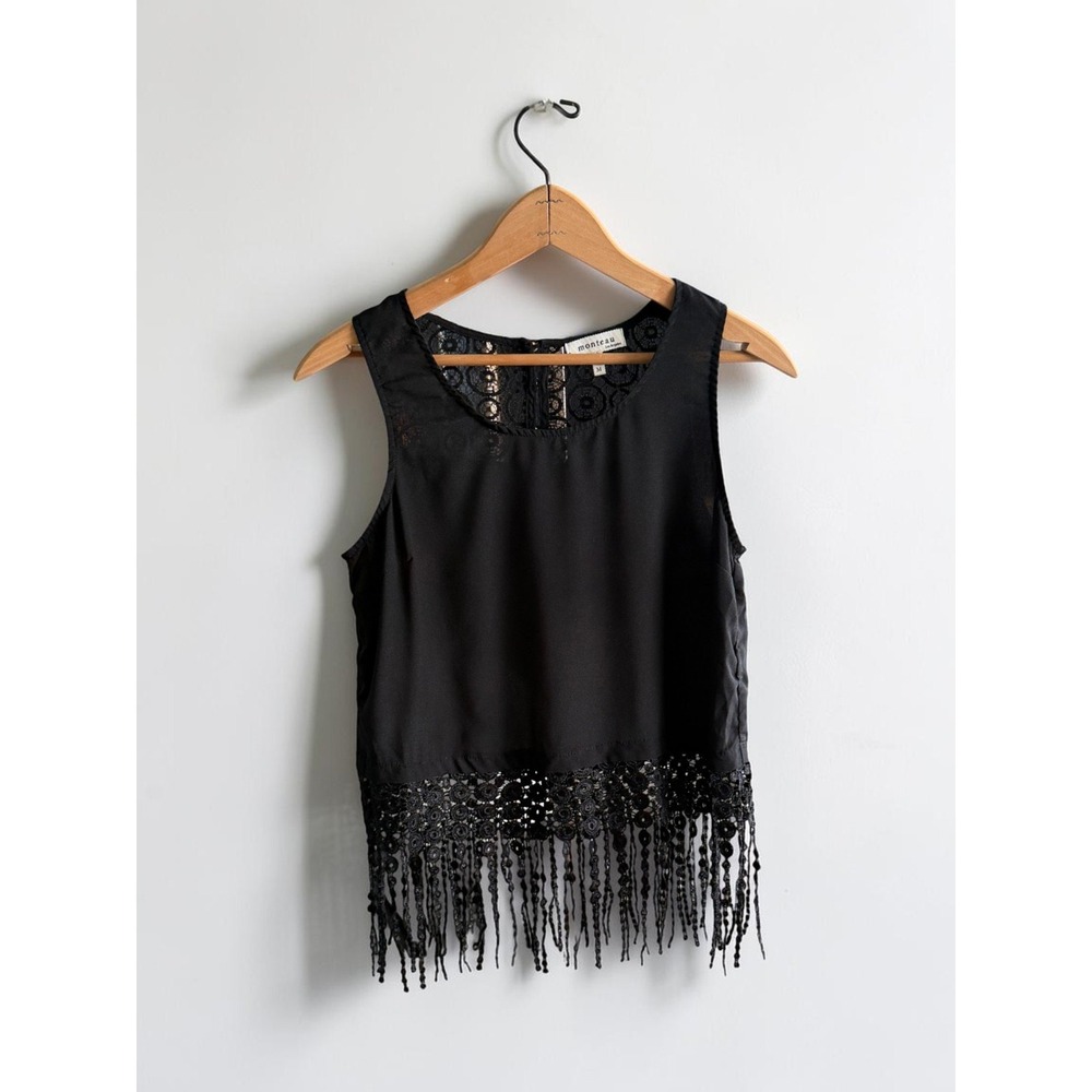 Monteau Los Angeles Black Lace Fringe Sleeveless Crop Top Medium Boho Blouse